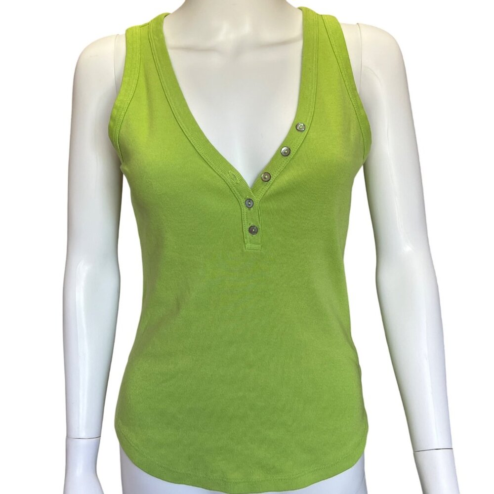 Michael Stars Kiwi Green Luna V-Neck Henley Tank 100% Cotton Made In USA Size OS